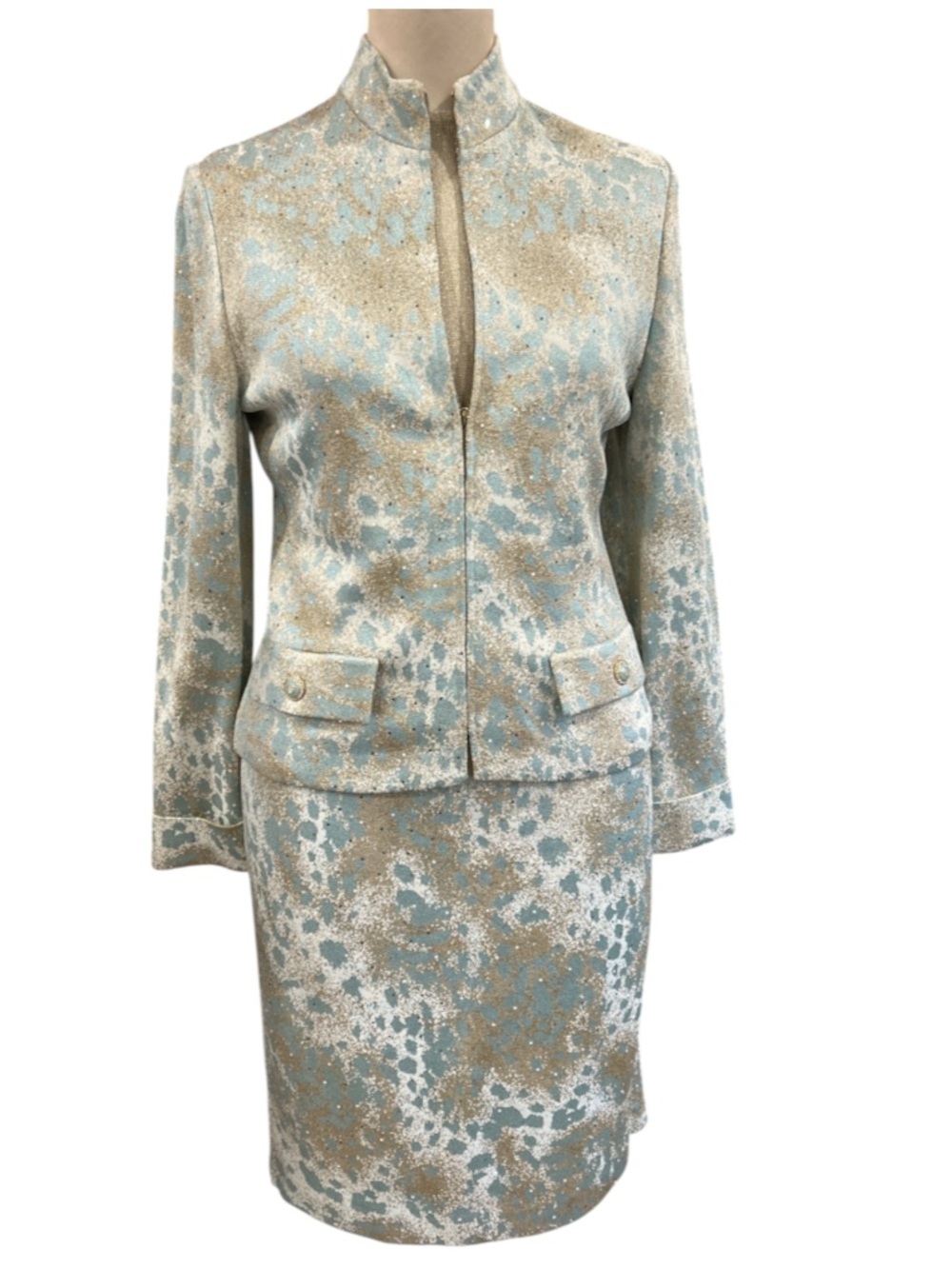 St. John Evening gold metallic pailette jacguard 3-piece jacket set 4-6